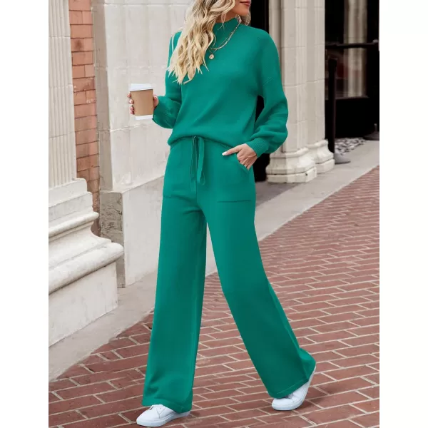imageZESICA Womens 2 Piece Outfits Sweater Set Long Sleeve Mock Neck Knit Pullover and Wide Leg Pants Lounge Sets SweatsuitTealgreen
