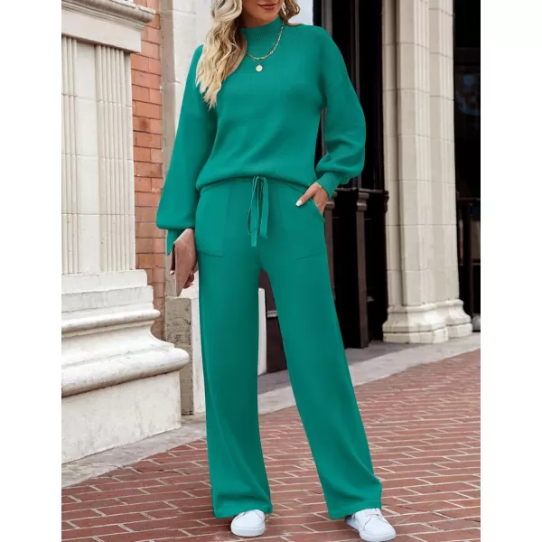 imageZESICA Womens 2 Piece Outfits Sweater Set Long Sleeve Mock Neck Knit Pullover and Wide Leg Pants Lounge Sets SweatsuitTealgreen