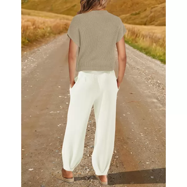 imageZESICA Womens 2 Piece Outfits Sweater Set Short Sleeve Mock Neck Knit Pullover Top High Waist Pant Tracksuit Lounge SetsBeige