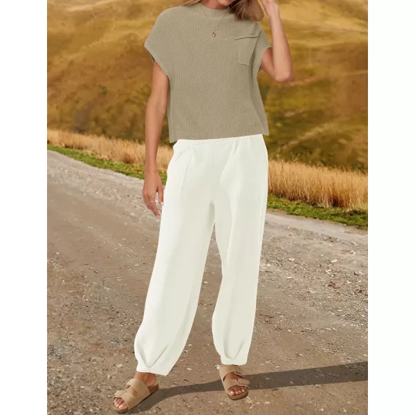 imageZESICA Womens 2 Piece Outfits Sweater Set Short Sleeve Mock Neck Knit Pullover Top High Waist Pant Tracksuit Lounge SetsBeige