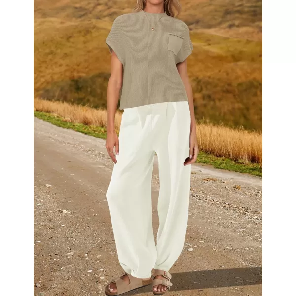 imageZESICA Womens 2 Piece Outfits Sweater Set Short Sleeve Mock Neck Knit Pullover Top High Waist Pant Tracksuit Lounge SetsBeige