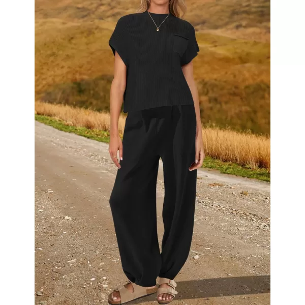 imageZESICA Womens 2 Piece Outfits Sweater Set Short Sleeve Mock Neck Knit Pullover Top High Waist Pant Tracksuit Lounge SetsBlack