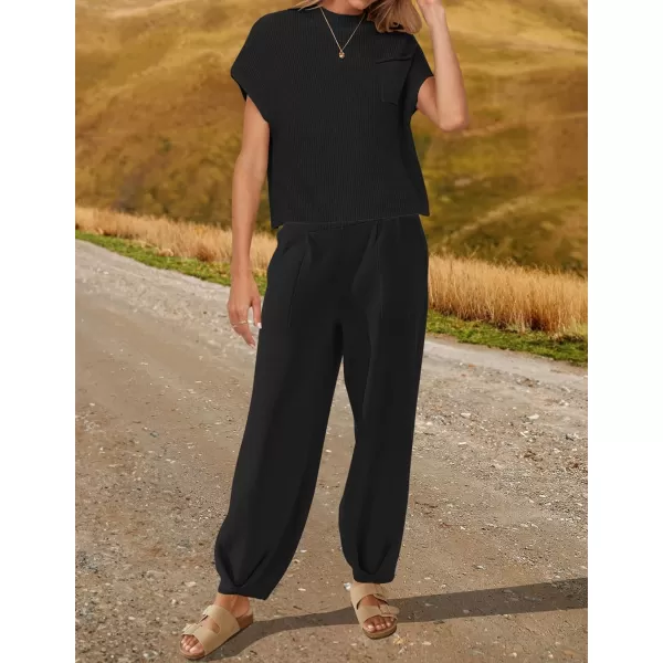 imageZESICA Womens 2 Piece Outfits Sweater Set Short Sleeve Mock Neck Knit Pullover Top High Waist Pant Tracksuit Lounge SetsBlack