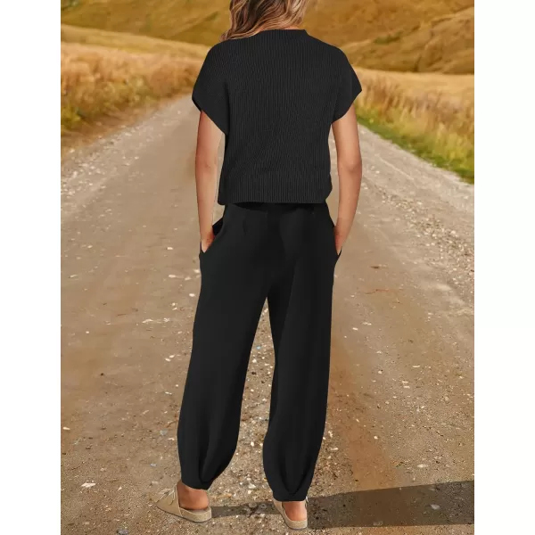 imageZESICA Womens 2 Piece Outfits Sweater Set Short Sleeve Mock Neck Knit Pullover Top High Waist Pant Tracksuit Lounge SetsBlack