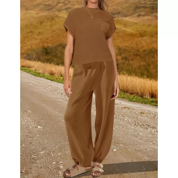 imageZESICA Womens 2 Piece Outfits Sweater Set Short Sleeve Mock Neck Knit Pullover Top High Waist Pant Tracksuit Lounge SetsBrown