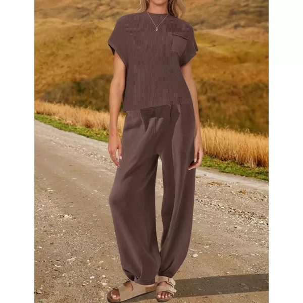 imageZESICA Womens 2 Piece Outfits Sweater Set Short Sleeve Mock Neck Knit Pullover Top High Waist Pant Tracksuit Lounge SetsCoffee