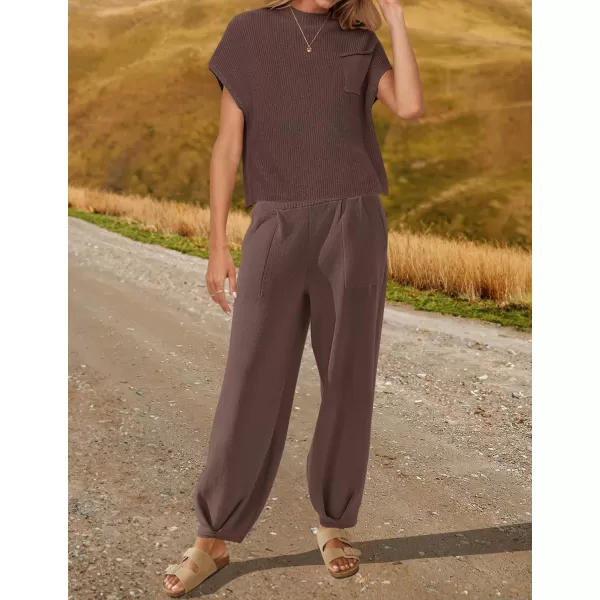 imageZESICA Womens 2 Piece Outfits Sweater Set Short Sleeve Mock Neck Knit Pullover Top High Waist Pant Tracksuit Lounge SetsCoffee