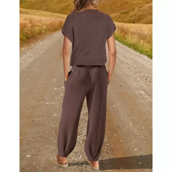 imageZESICA Womens 2 Piece Outfits Sweater Set Short Sleeve Mock Neck Knit Pullover Top High Waist Pant Tracksuit Lounge SetsCoffee