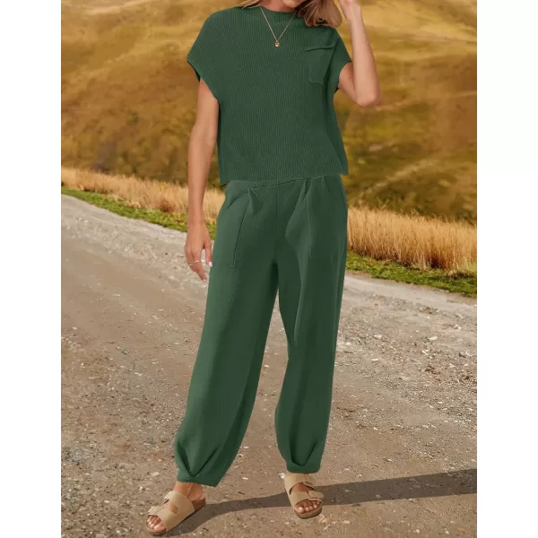 imageZESICA Womens 2 Piece Outfits Sweater Set Short Sleeve Mock Neck Knit Pullover Top High Waist Pant Tracksuit Lounge SetsDarkgreen