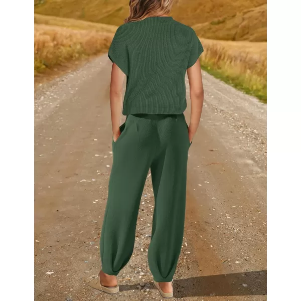 imageZESICA Womens 2 Piece Outfits Sweater Set Short Sleeve Mock Neck Knit Pullover Top High Waist Pant Tracksuit Lounge SetsDarkgreen