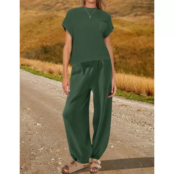 imageZESICA Womens 2 Piece Outfits Sweater Set Short Sleeve Mock Neck Knit Pullover Top High Waist Pant Tracksuit Lounge SetsDarkgreen