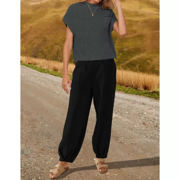 imageZESICA Womens 2 Piece Outfits Sweater Set Short Sleeve Mock Neck Knit Pullover Top High Waist Pant Tracksuit Lounge SetsDarkgrey