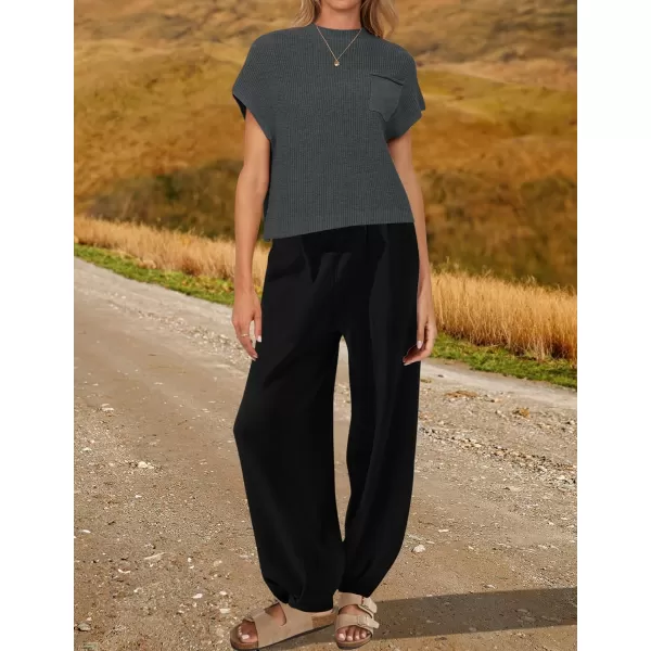 imageZESICA Womens 2 Piece Outfits Sweater Set Short Sleeve Mock Neck Knit Pullover Top High Waist Pant Tracksuit Lounge SetsDarkgrey