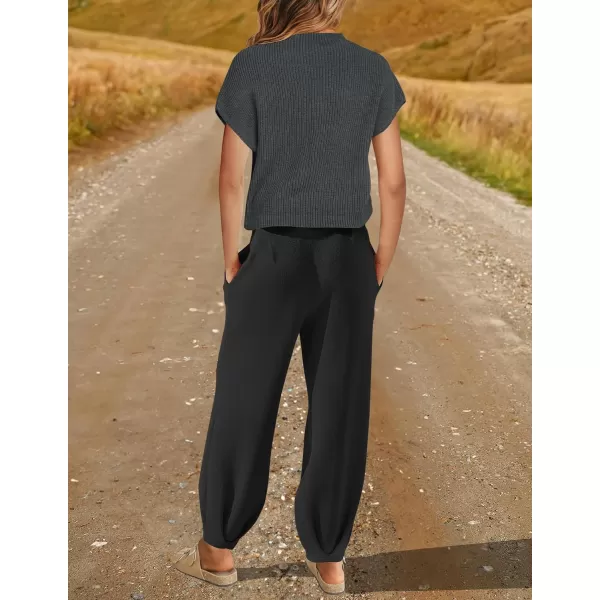 imageZESICA Womens 2 Piece Outfits Sweater Set Short Sleeve Mock Neck Knit Pullover Top High Waist Pant Tracksuit Lounge SetsDarkgrey