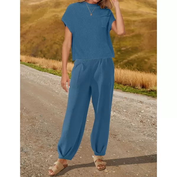 imageZESICA Womens 2 Piece Outfits Sweater Set Short Sleeve Mock Neck Knit Pullover Top High Waist Pant Tracksuit Lounge SetsDustyblue