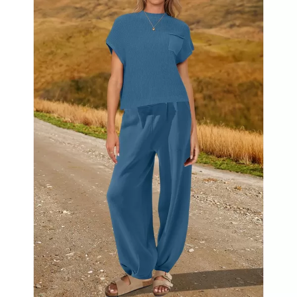 imageZESICA Womens 2 Piece Outfits Sweater Set Short Sleeve Mock Neck Knit Pullover Top High Waist Pant Tracksuit Lounge SetsDustyblue