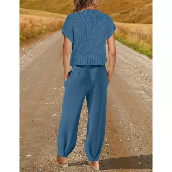 imageZESICA Womens 2 Piece Outfits Sweater Set Short Sleeve Mock Neck Knit Pullover Top High Waist Pant Tracksuit Lounge SetsDustyblue