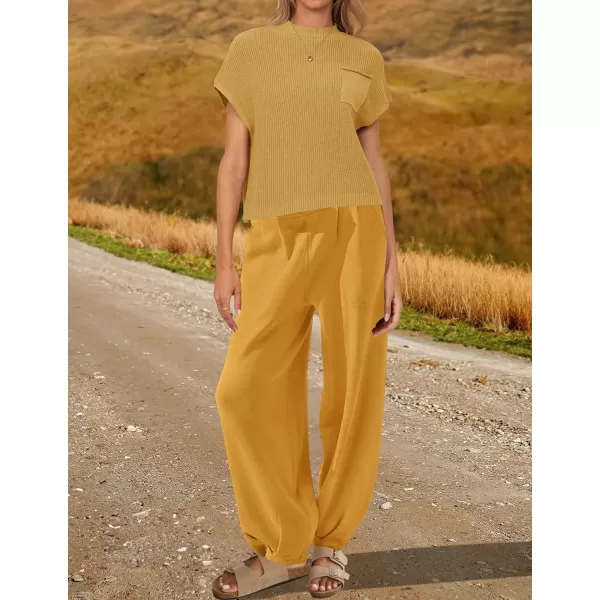 imageZESICA Womens 2 Piece Outfits Sweater Set Short Sleeve Mock Neck Knit Pullover Top High Waist Pant Tracksuit Lounge SetsGinger