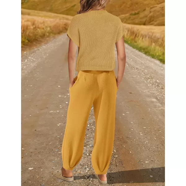 imageZESICA Womens 2 Piece Outfits Sweater Set Short Sleeve Mock Neck Knit Pullover Top High Waist Pant Tracksuit Lounge SetsGinger
