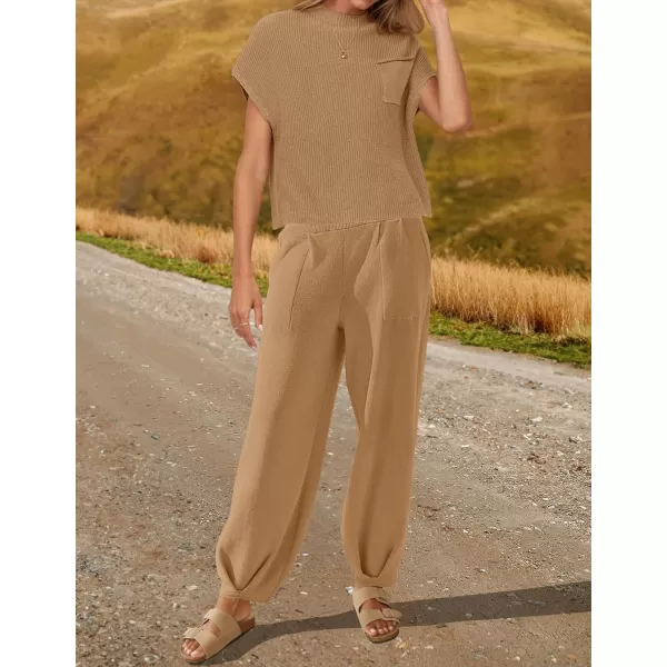 imageZESICA Womens 2 Piece Outfits Sweater Set Short Sleeve Mock Neck Knit Pullover Top High Waist Pant Tracksuit Lounge SetsKhaki