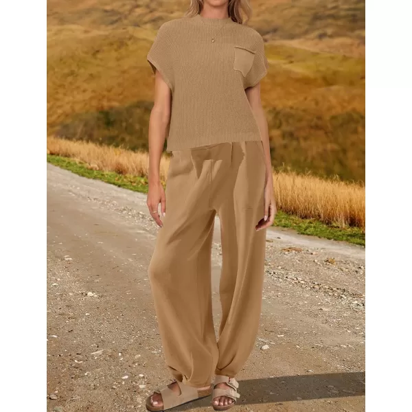 imageZESICA Womens 2 Piece Outfits Sweater Set Short Sleeve Mock Neck Knit Pullover Top High Waist Pant Tracksuit Lounge SetsKhaki