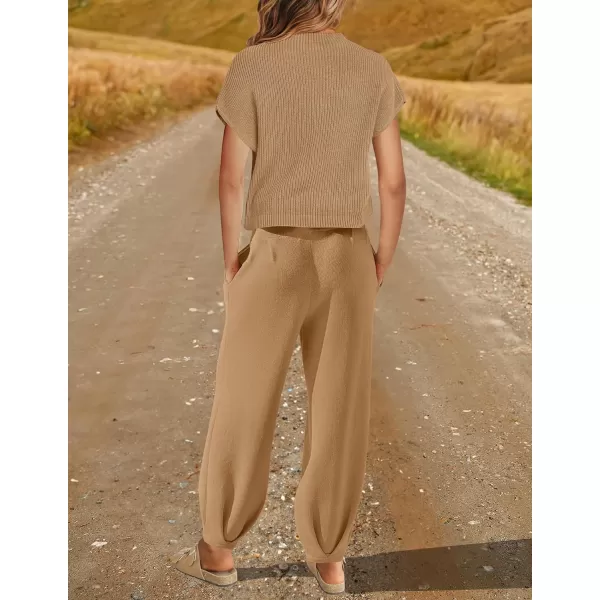 imageZESICA Womens 2 Piece Outfits Sweater Set Short Sleeve Mock Neck Knit Pullover Top High Waist Pant Tracksuit Lounge SetsKhaki