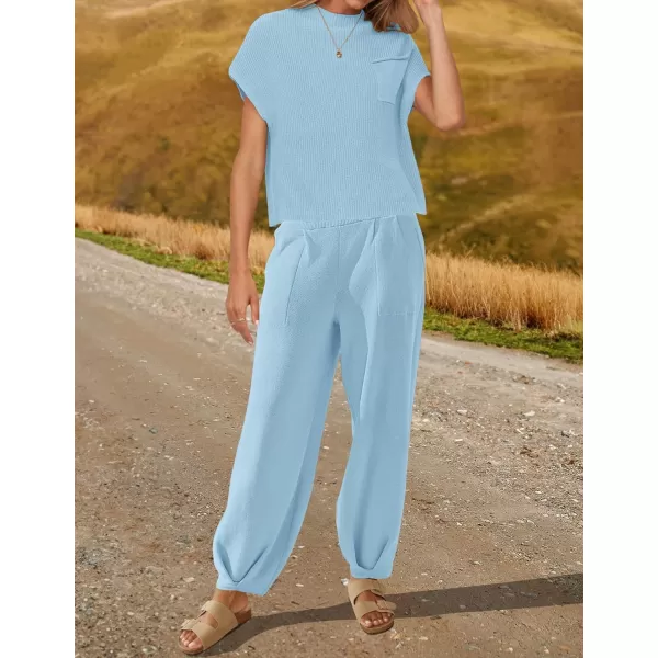 imageZESICA Womens 2 Piece Outfits Sweater Set Short Sleeve Mock Neck Knit Pullover Top High Waist Pant Tracksuit Lounge SetsLightblue