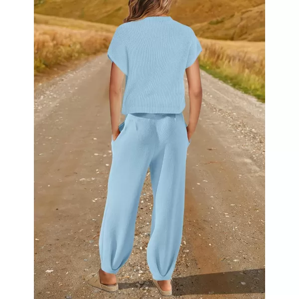 imageZESICA Womens 2 Piece Outfits Sweater Set Short Sleeve Mock Neck Knit Pullover Top High Waist Pant Tracksuit Lounge SetsLightblue