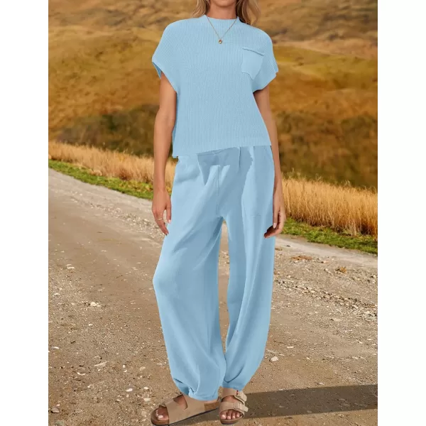 imageZESICA Womens 2 Piece Outfits Sweater Set Short Sleeve Mock Neck Knit Pullover Top High Waist Pant Tracksuit Lounge SetsLightblue