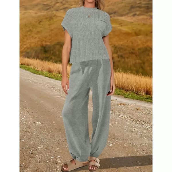 imageZESICA Womens 2 Piece Outfits Sweater Set Short Sleeve Mock Neck Knit Pullover Top High Waist Pant Tracksuit Lounge SetsLightgrey
