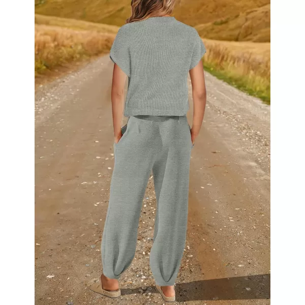 imageZESICA Womens 2 Piece Outfits Sweater Set Short Sleeve Mock Neck Knit Pullover Top High Waist Pant Tracksuit Lounge SetsLightgrey