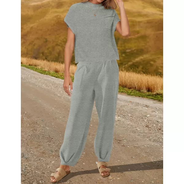 imageZESICA Womens 2 Piece Outfits Sweater Set Short Sleeve Mock Neck Knit Pullover Top High Waist Pant Tracksuit Lounge SetsLightgrey
