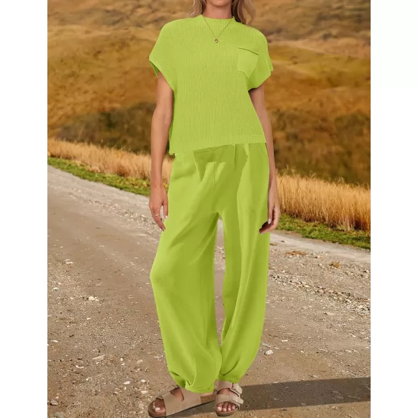 imageZESICA Womens 2 Piece Outfits Sweater Set Short Sleeve Mock Neck Knit Pullover Top High Waist Pant Tracksuit Lounge SetsLime
