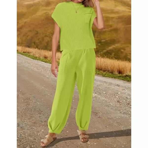 imageZESICA Womens 2 Piece Outfits Sweater Set Short Sleeve Mock Neck Knit Pullover Top High Waist Pant Tracksuit Lounge SetsLime