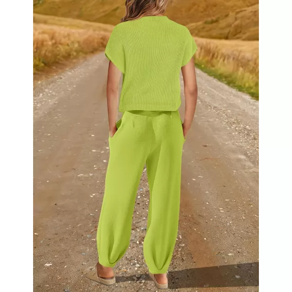 imageZESICA Womens 2 Piece Outfits Sweater Set Short Sleeve Mock Neck Knit Pullover Top High Waist Pant Tracksuit Lounge SetsLime