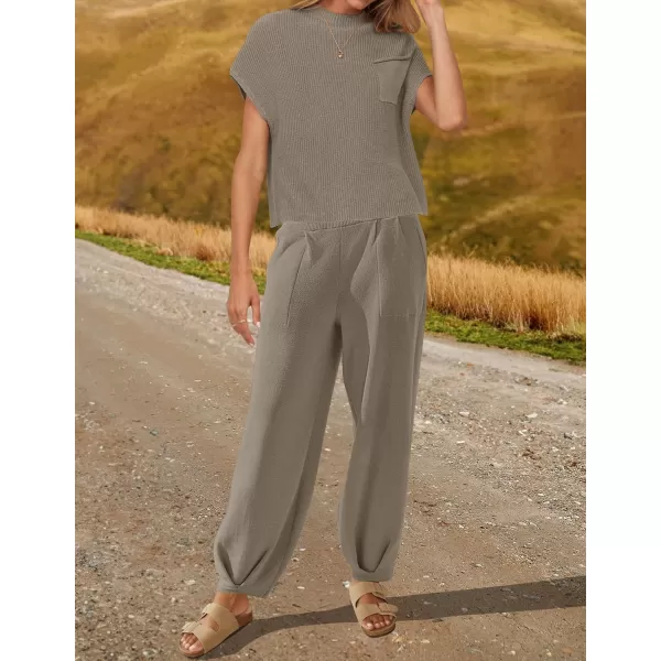 imageZESICA Womens 2 Piece Outfits Sweater Set Short Sleeve Mock Neck Knit Pullover Top High Waist Pant Tracksuit Lounge SetsMocha