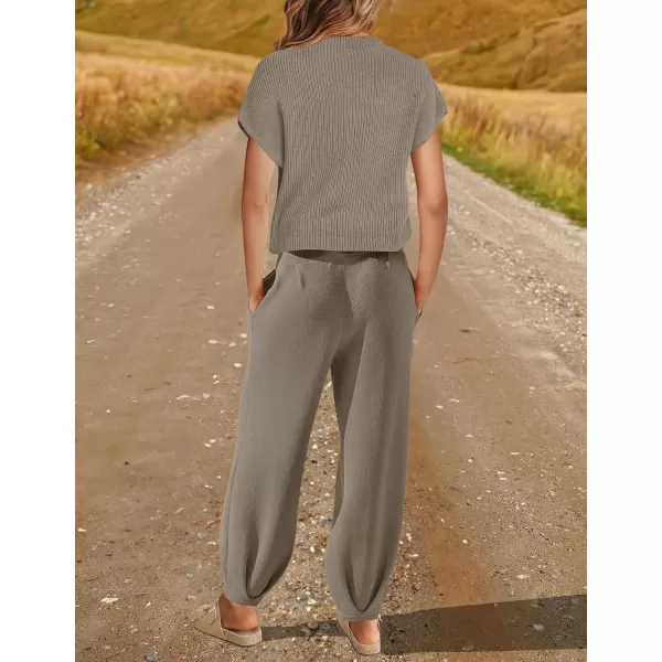 imageZESICA Womens 2 Piece Outfits Sweater Set Short Sleeve Mock Neck Knit Pullover Top High Waist Pant Tracksuit Lounge SetsMocha