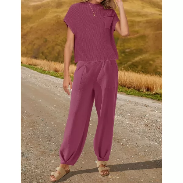 imageZESICA Womens 2 Piece Outfits Sweater Set Short Sleeve Mock Neck Knit Pullover Top High Waist Pant Tracksuit Lounge SetsPlum