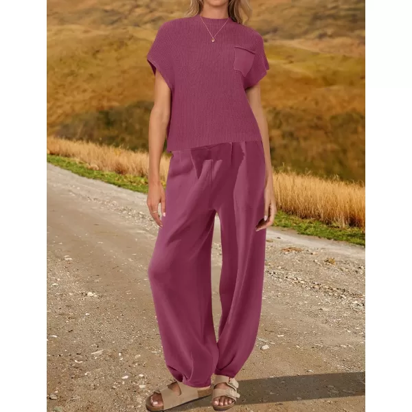 imageZESICA Womens 2 Piece Outfits Sweater Set Short Sleeve Mock Neck Knit Pullover Top High Waist Pant Tracksuit Lounge SetsPlum