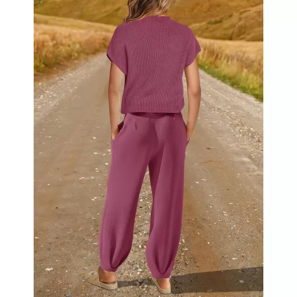 imageZESICA Womens 2 Piece Outfits Sweater Set Short Sleeve Mock Neck Knit Pullover Top High Waist Pant Tracksuit Lounge SetsPlum