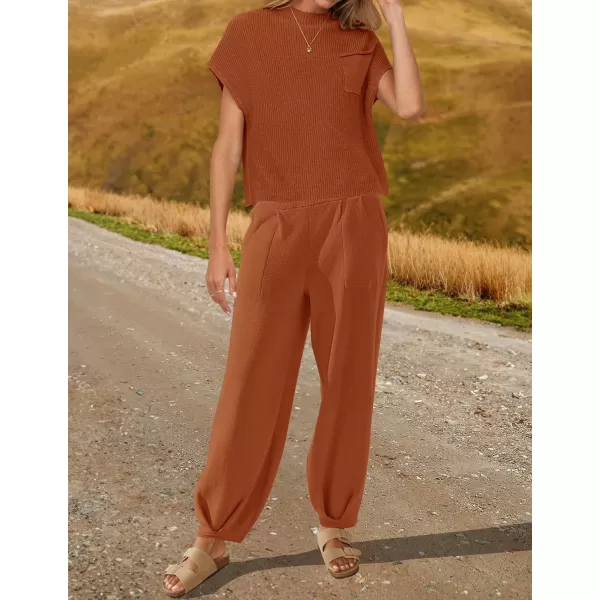 imageZESICA Womens 2 Piece Outfits Sweater Set Short Sleeve Mock Neck Knit Pullover Top High Waist Pant Tracksuit Lounge SetsRust