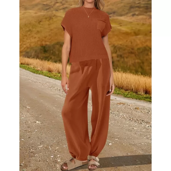 imageZESICA Womens 2 Piece Outfits Sweater Set Short Sleeve Mock Neck Knit Pullover Top High Waist Pant Tracksuit Lounge SetsRust