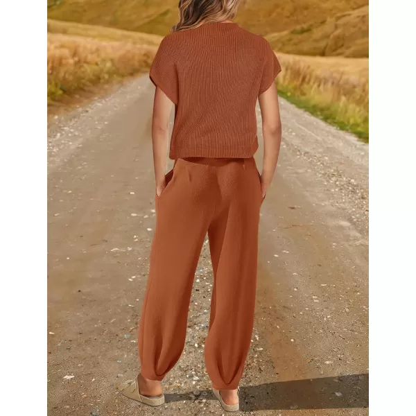 imageZESICA Womens 2 Piece Outfits Sweater Set Short Sleeve Mock Neck Knit Pullover Top High Waist Pant Tracksuit Lounge SetsRust