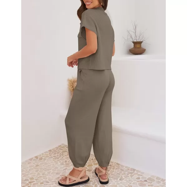 imageZESICA Womens 2 Piece Outfits Sweater Set Short Sleeve Mock Neck Knit Pullover Top High Waist Pant Tracksuit Lounge SetsTan