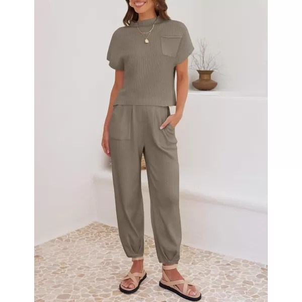 imageZESICA Womens 2 Piece Outfits Sweater Set Short Sleeve Mock Neck Knit Pullover Top High Waist Pant Tracksuit Lounge SetsTan