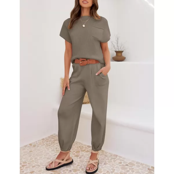 imageZESICA Womens 2 Piece Outfits Sweater Set Short Sleeve Mock Neck Knit Pullover Top High Waist Pant Tracksuit Lounge SetsTan