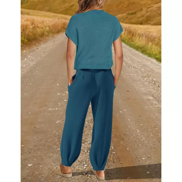 imageZESICA Womens 2 Piece Outfits Sweater Set Short Sleeve Mock Neck Knit Pullover Top High Waist Pant Tracksuit Lounge SetsTealblue