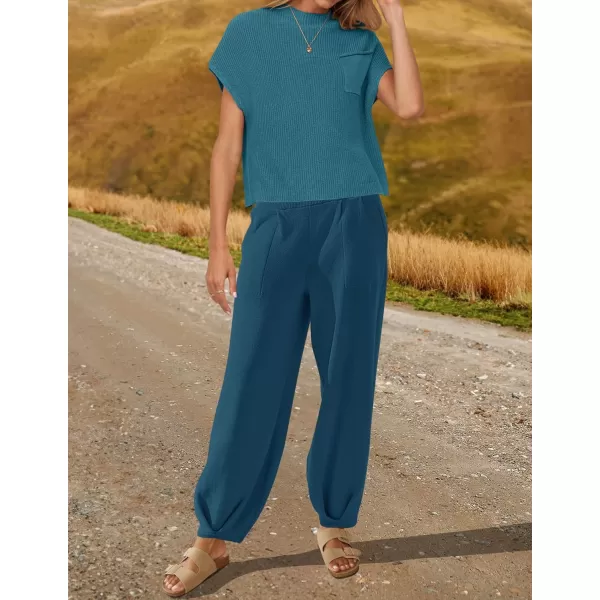 imageZESICA Womens 2 Piece Outfits Sweater Set Short Sleeve Mock Neck Knit Pullover Top High Waist Pant Tracksuit Lounge SetsTealblue