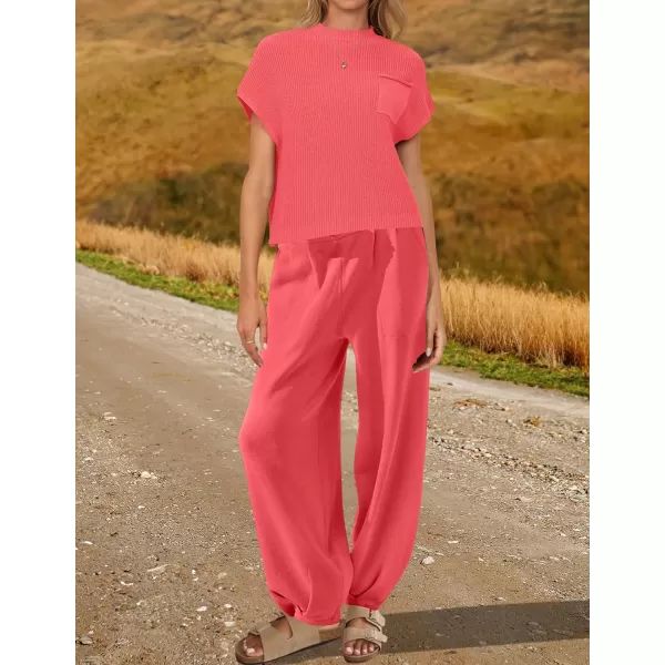 imageZESICA Womens 2 Piece Outfits Sweater Set Short Sleeve Mock Neck Knit Pullover Top High Waist Pant Tracksuit Lounge SetsWatermelon