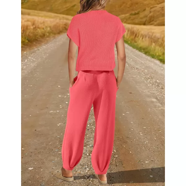 imageZESICA Womens 2 Piece Outfits Sweater Set Short Sleeve Mock Neck Knit Pullover Top High Waist Pant Tracksuit Lounge SetsWatermelon
